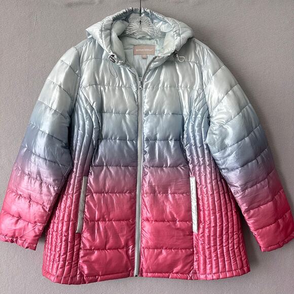 Woman Within Hooded Puffer Jacket Pink Blue Ombre Size Large Plus 18 / 20